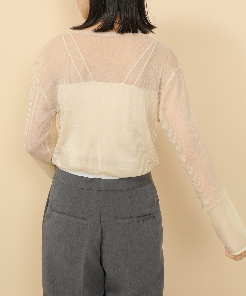 袖シアーラメ ベーシックカットソー トップス