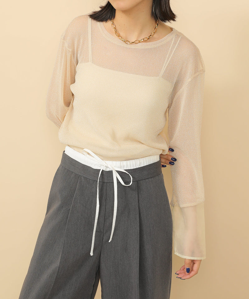 袖シアーラメ ベーシックカットソー トップス