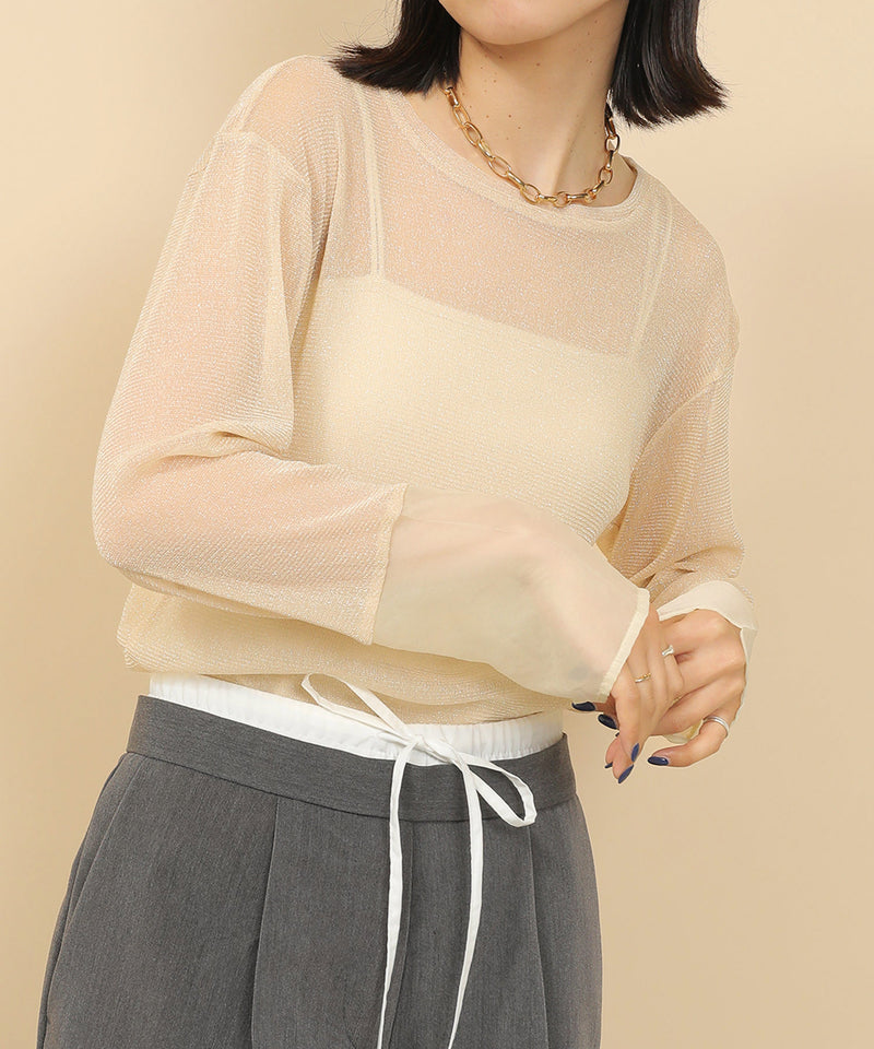 袖シアーラメ ベーシックカットソー トップス