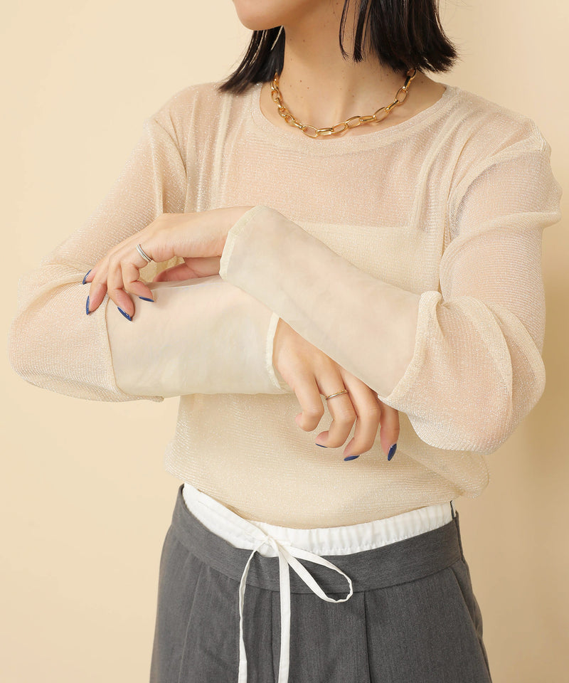 袖シアーラメ ベーシックカットソー トップス