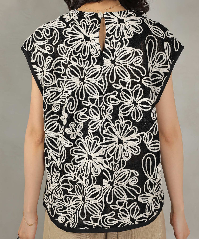 コード刺繍シアーフレンチスリーブトップス