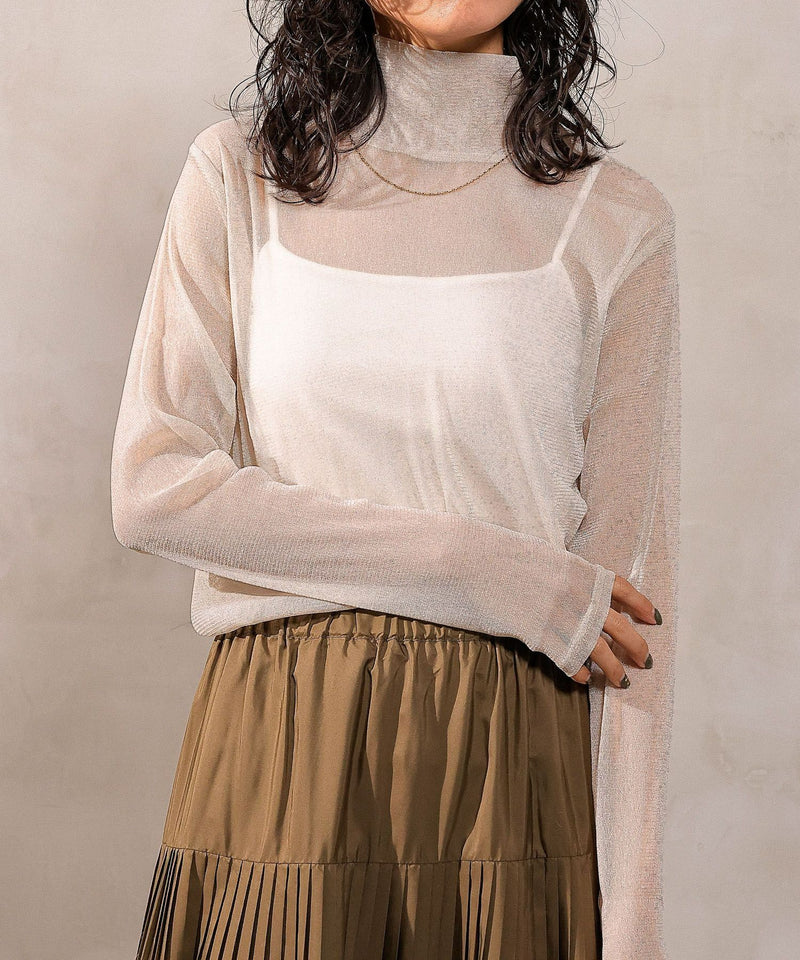 【新色追加】ハイネック シャイニー ラメ シアー トップス