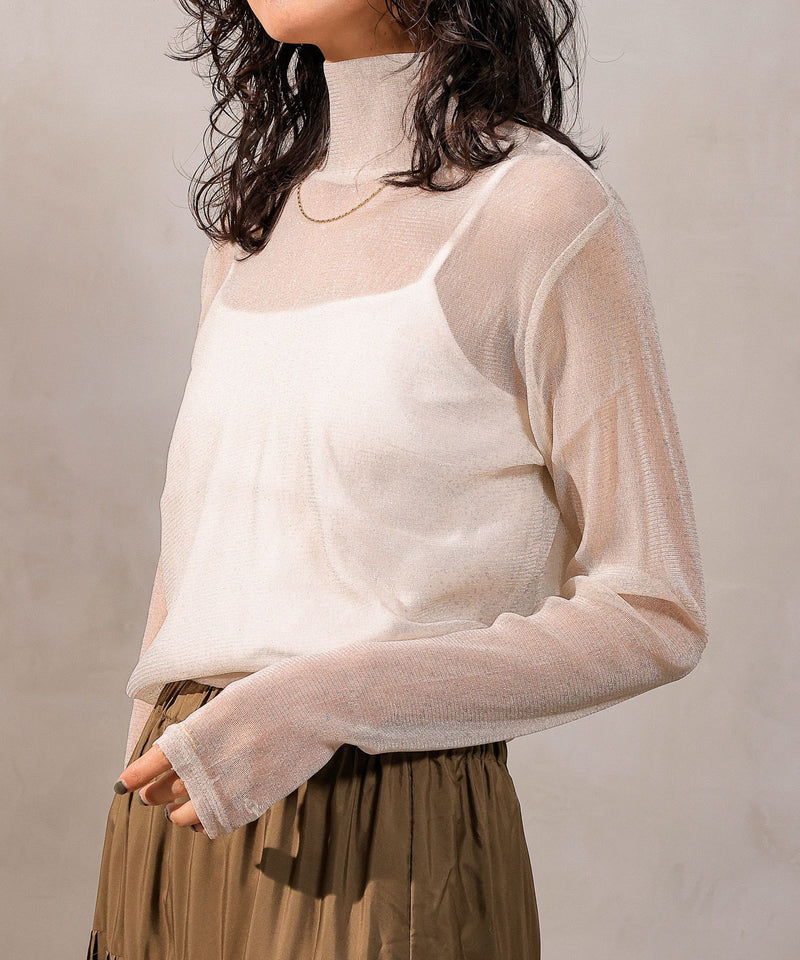 【新色追加】ハイネック シャイニー ラメ シアー トップス