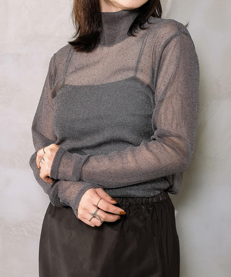 【新色追加】ハイネック シャイニー ラメ シアー トップス