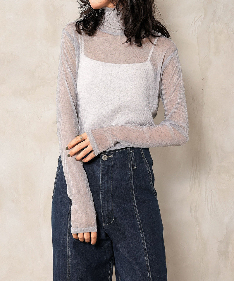 【新色追加】ハイネック シャイニー ラメ シアー トップス