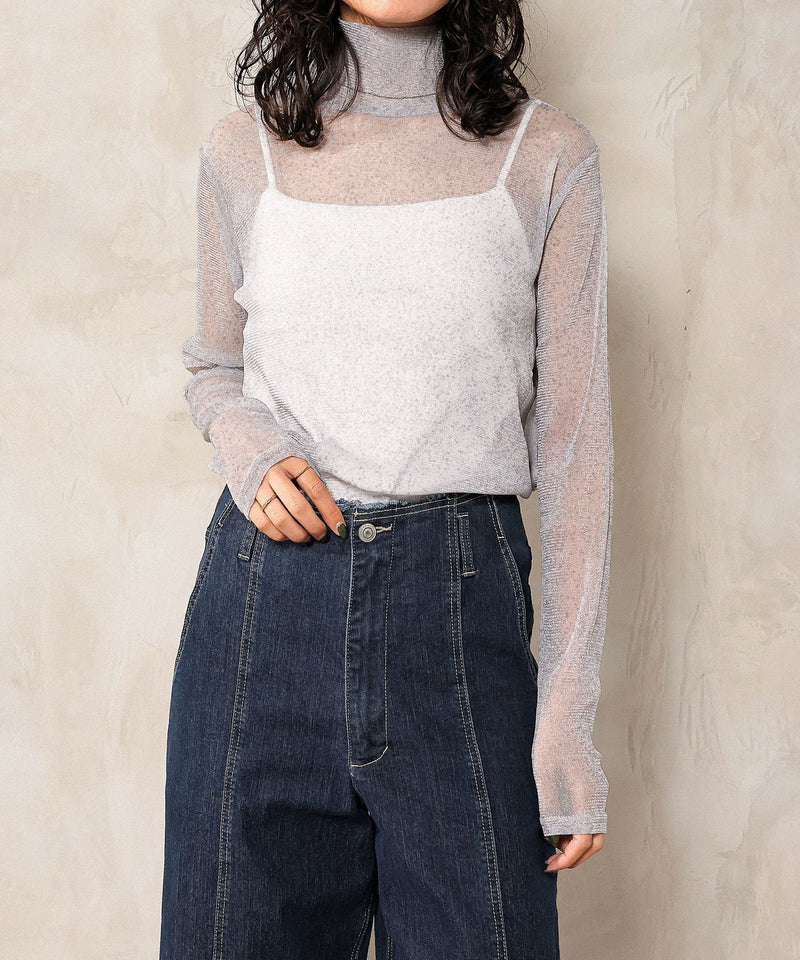 【新色追加】ハイネック シャイニー ラメ シアー トップス