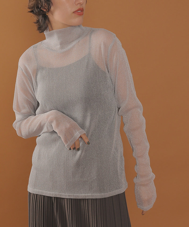 【新色追加】ハイネック シャイニー ラメ シアー トップス