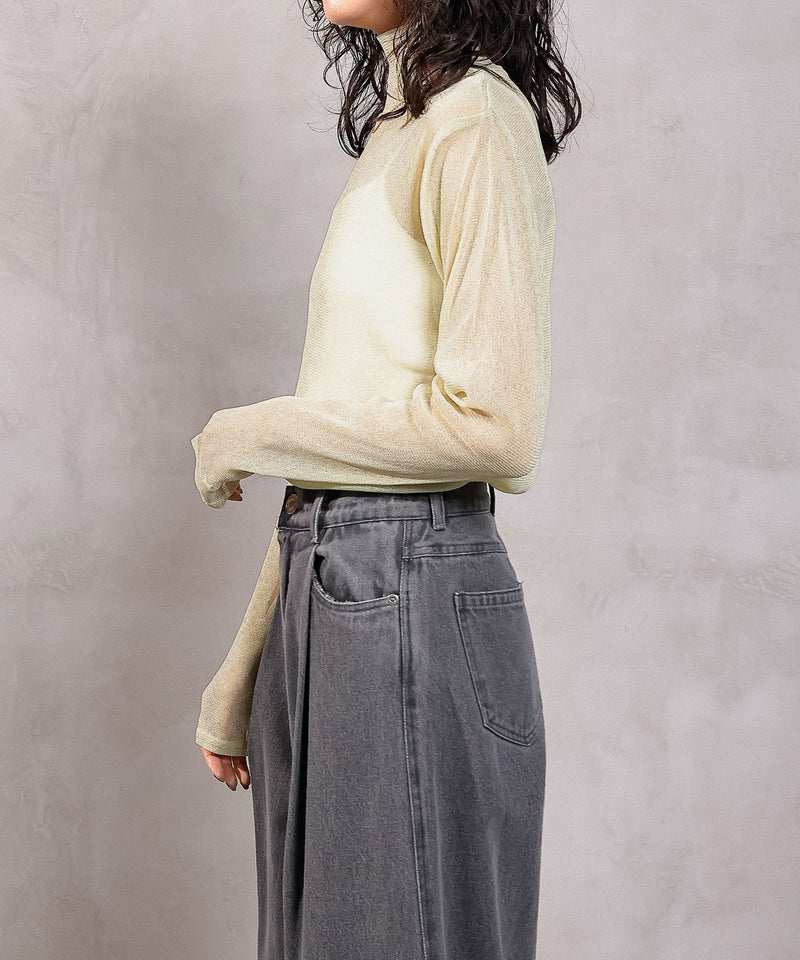 【新色追加】ハイネック シャイニー ラメ シアー トップス