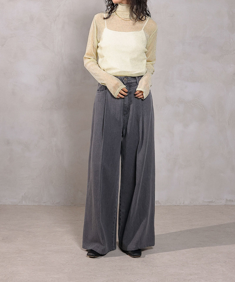 【新色追加】ハイネック シャイニー ラメ シアー トップス