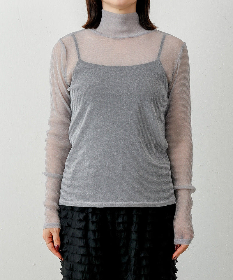 【新色追加】ハイネック シャイニー ラメ シアー トップス