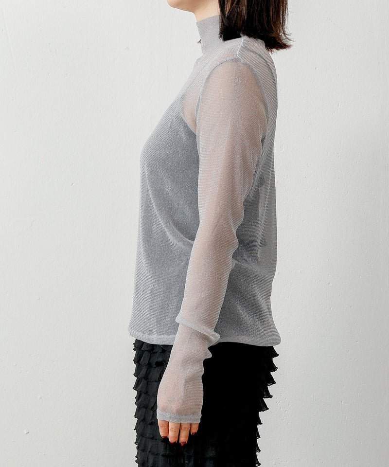 【新色追加】ハイネック シャイニー ラメ シアー トップス