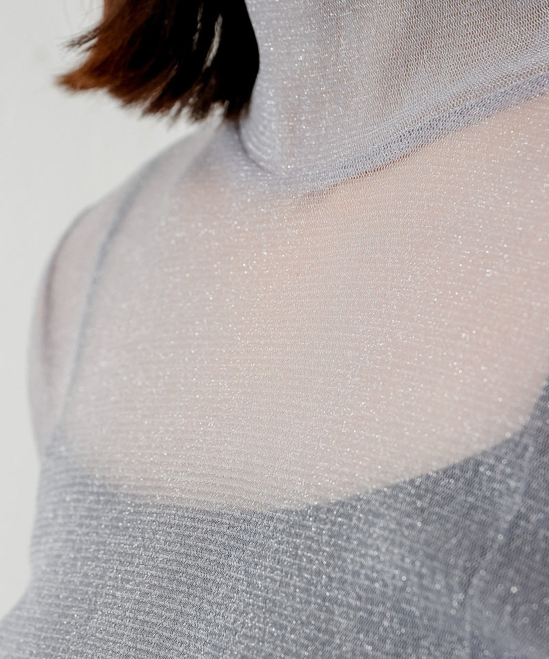 【新色追加】ハイネック シャイニー ラメ シアー トップス