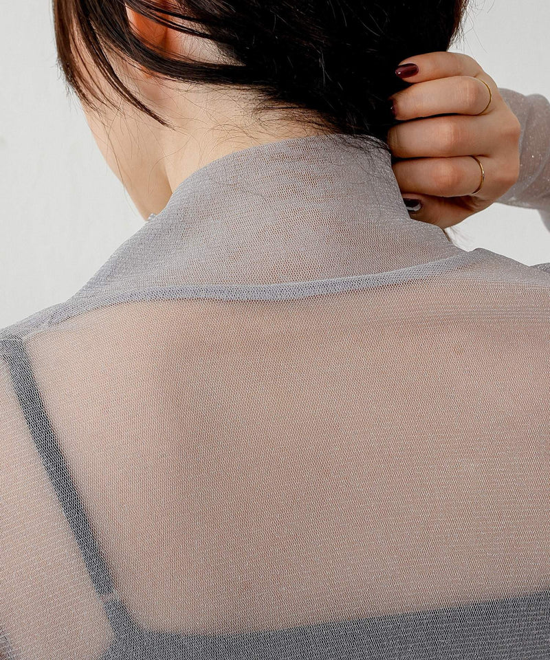 【新色追加】ハイネック シャイニー ラメ シアー トップス