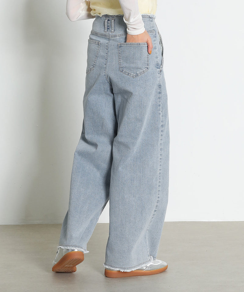 【Iラインで美シルエット】ハイウエスト デニム ワイド パンツ
