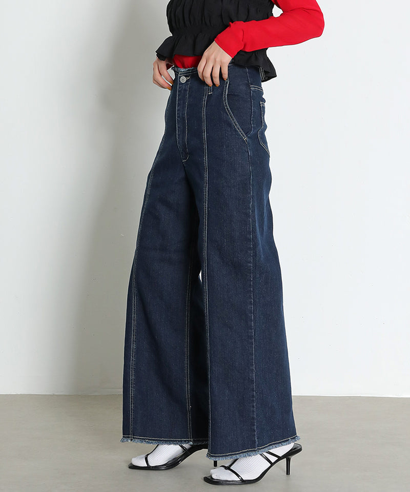 【Iラインで美シルエット】ハイウエスト デニム ワイド パンツ