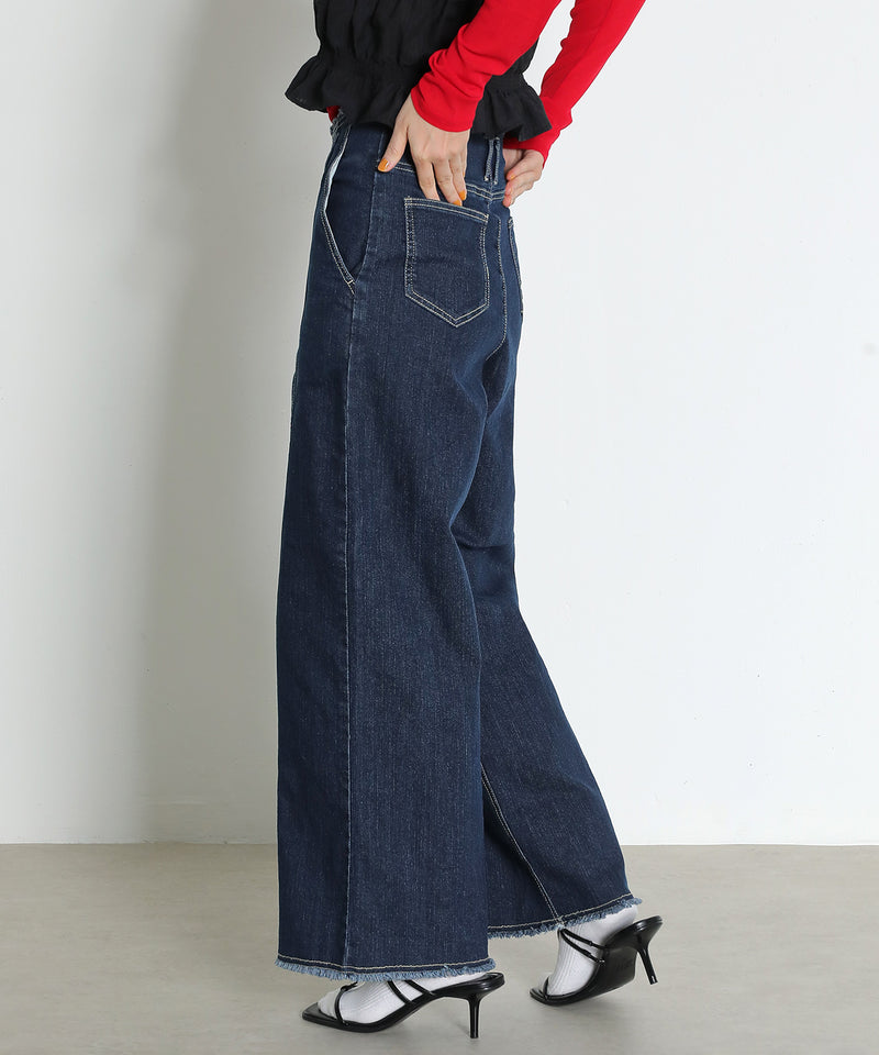 【Iラインで美シルエット】ハイウエスト デニム ワイド パンツ