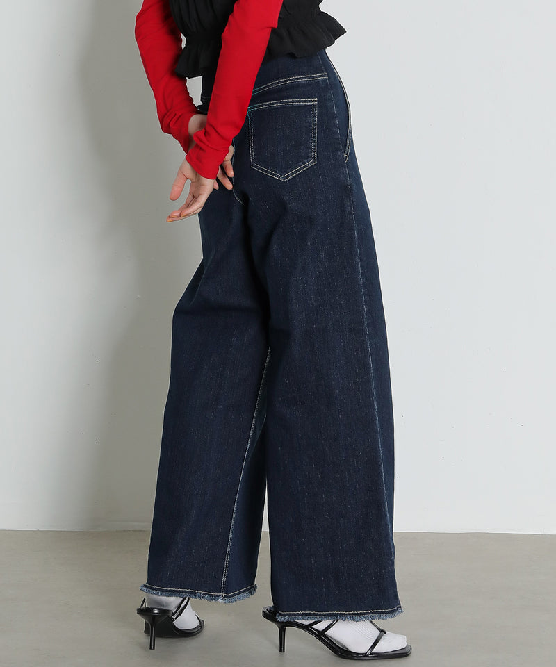 【Iラインで美シルエット】ハイウエスト デニム ワイド パンツ