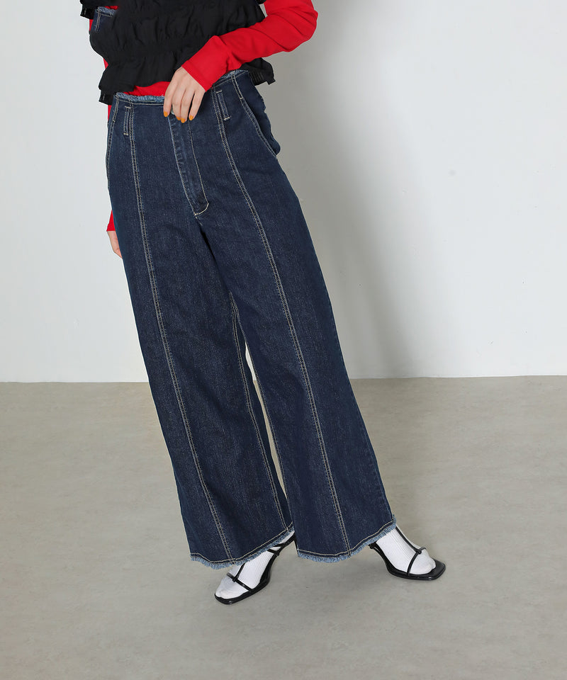 【Iラインで美シルエット】ハイウエスト デニム ワイド パンツ