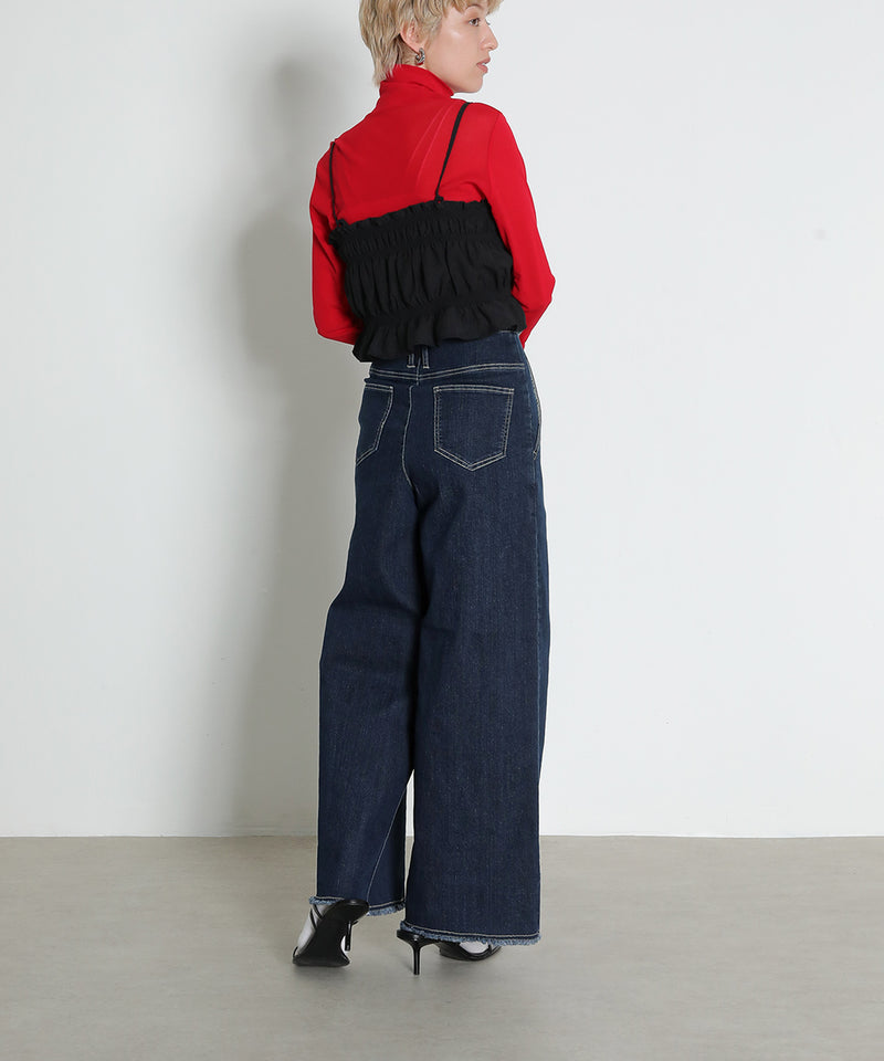 【Iラインで美シルエット】ハイウエスト デニム ワイド パンツ