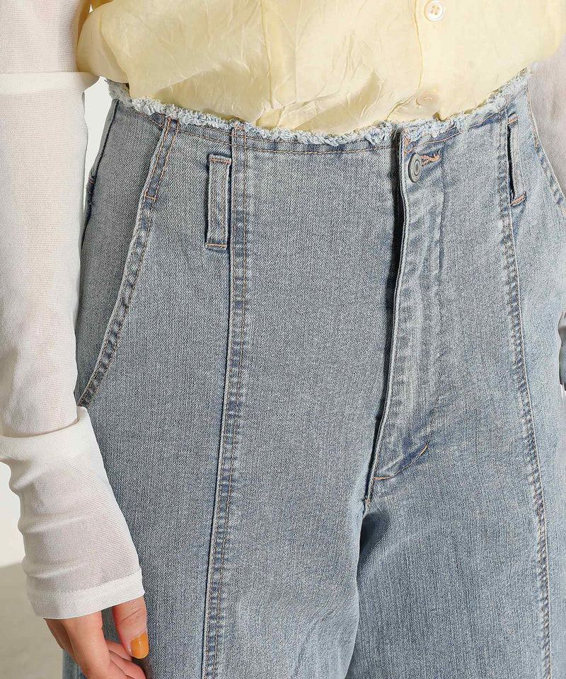 【Iラインで美シルエット】ハイウエスト デニム ワイド パンツ