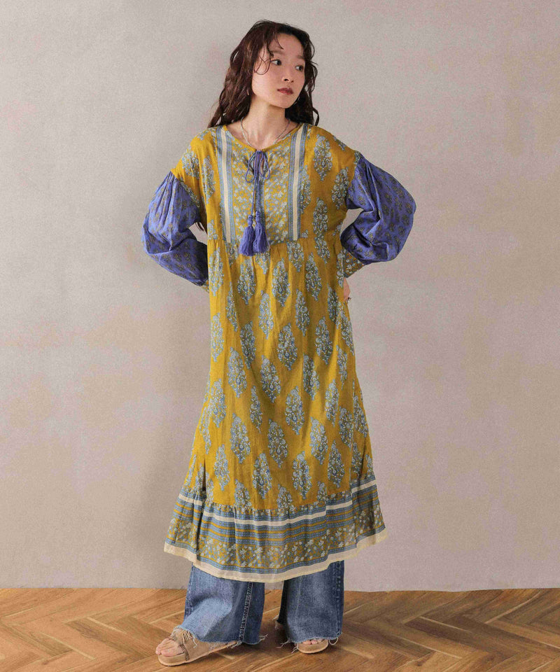 プリント切替 コットンフレアワンピース