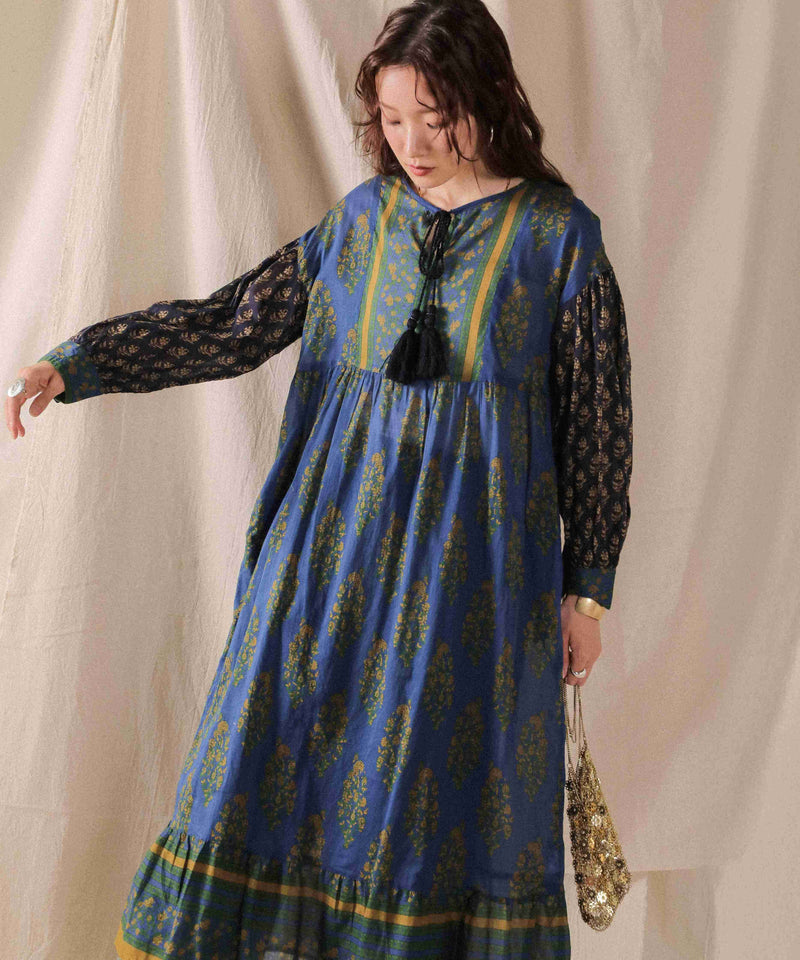 プリント切替 コットンフレアワンピース