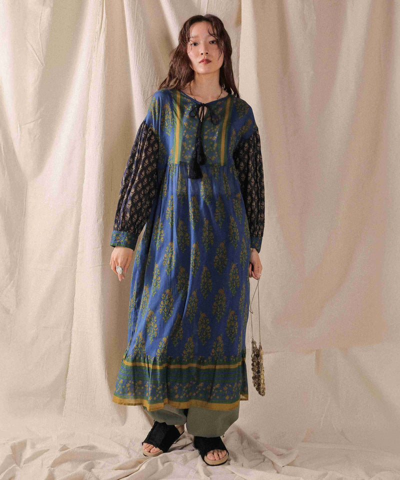 プリント切替 コットンフレアワンピース