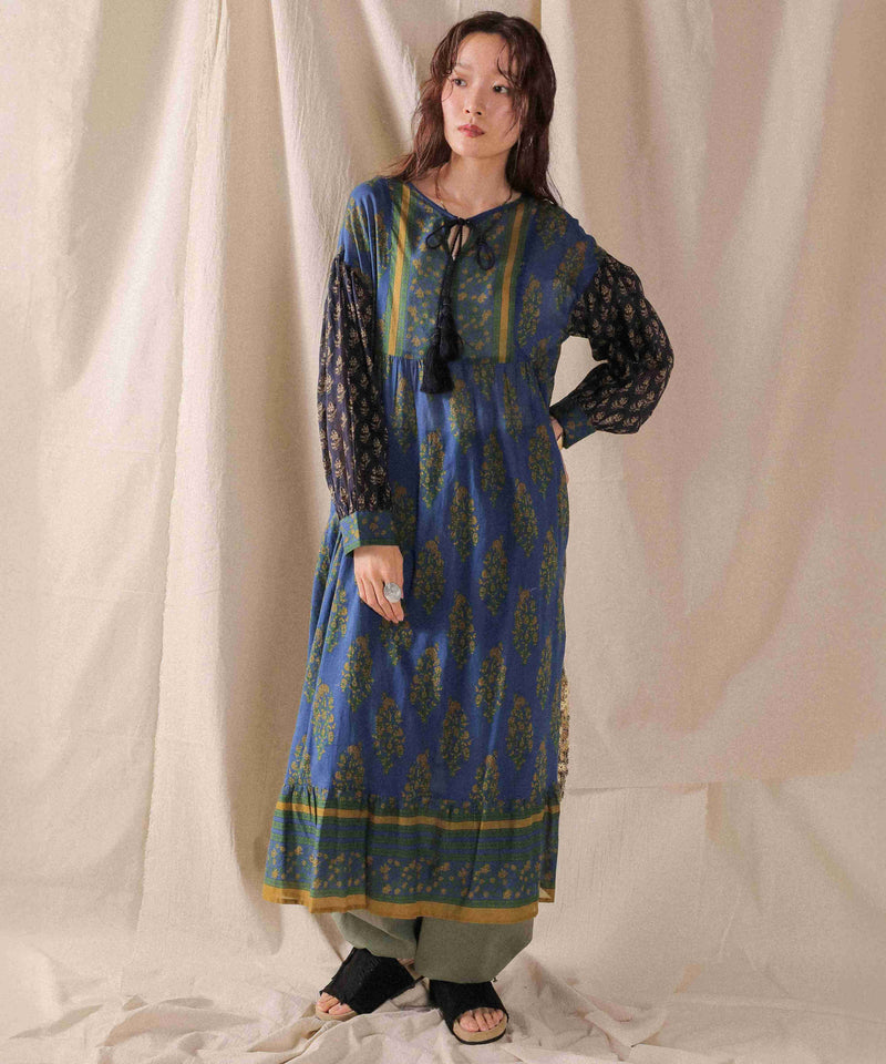 プリント切替 コットンフレアワンピース