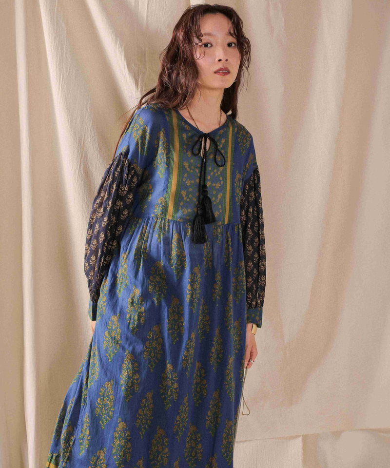 プリント切替 コットンフレアワンピース