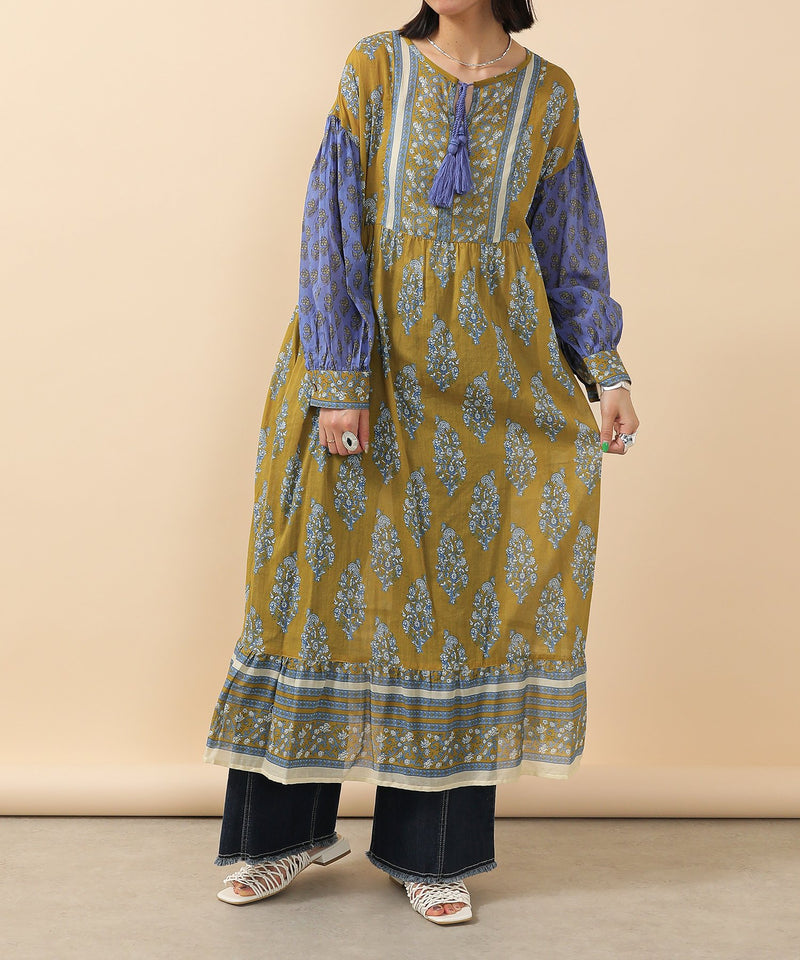 プリント切替 コットンフレアワンピース