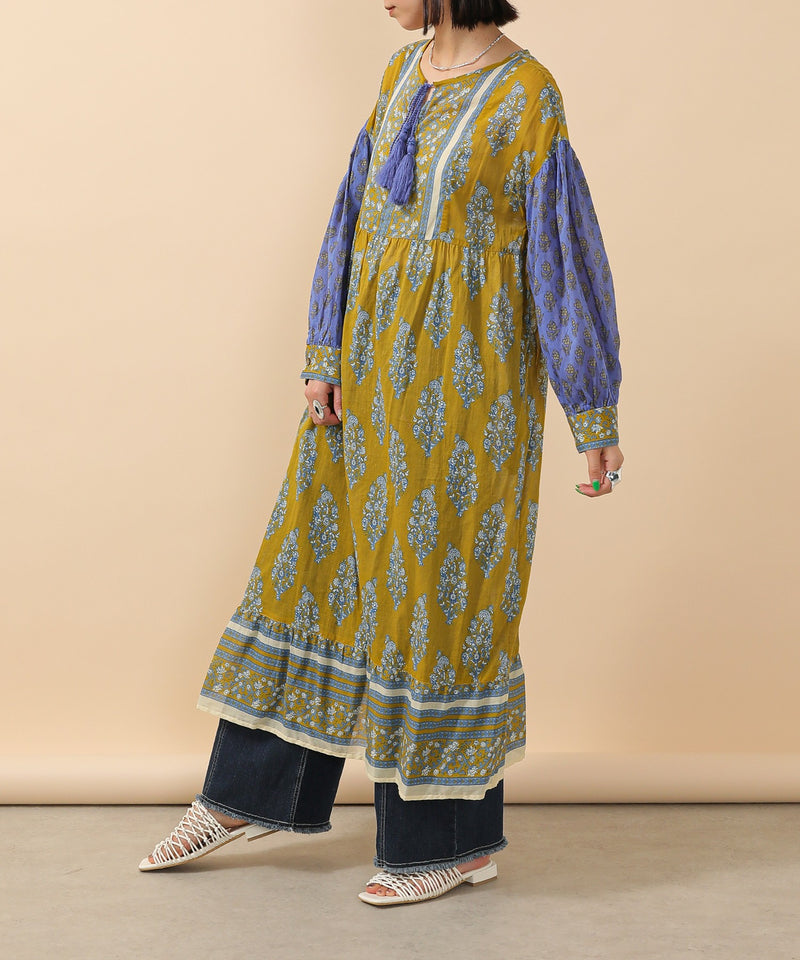 プリント切替 コットンフレアワンピース