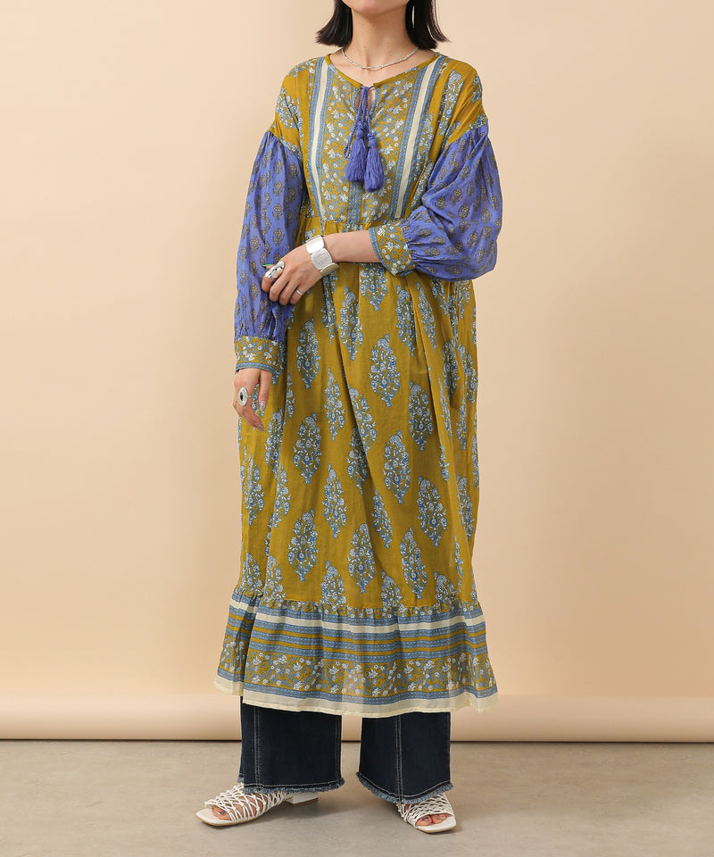 プリント切替 コットンフレアワンピース