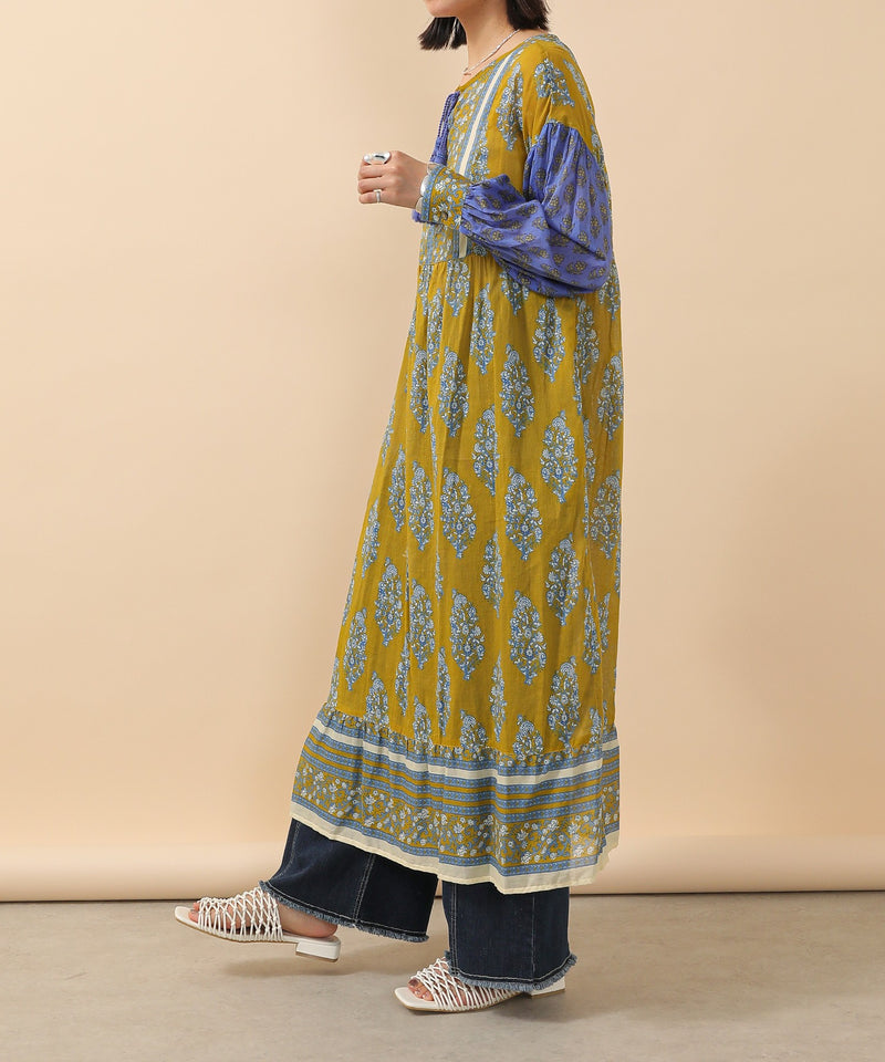 プリント切替 コットンフレアワンピース