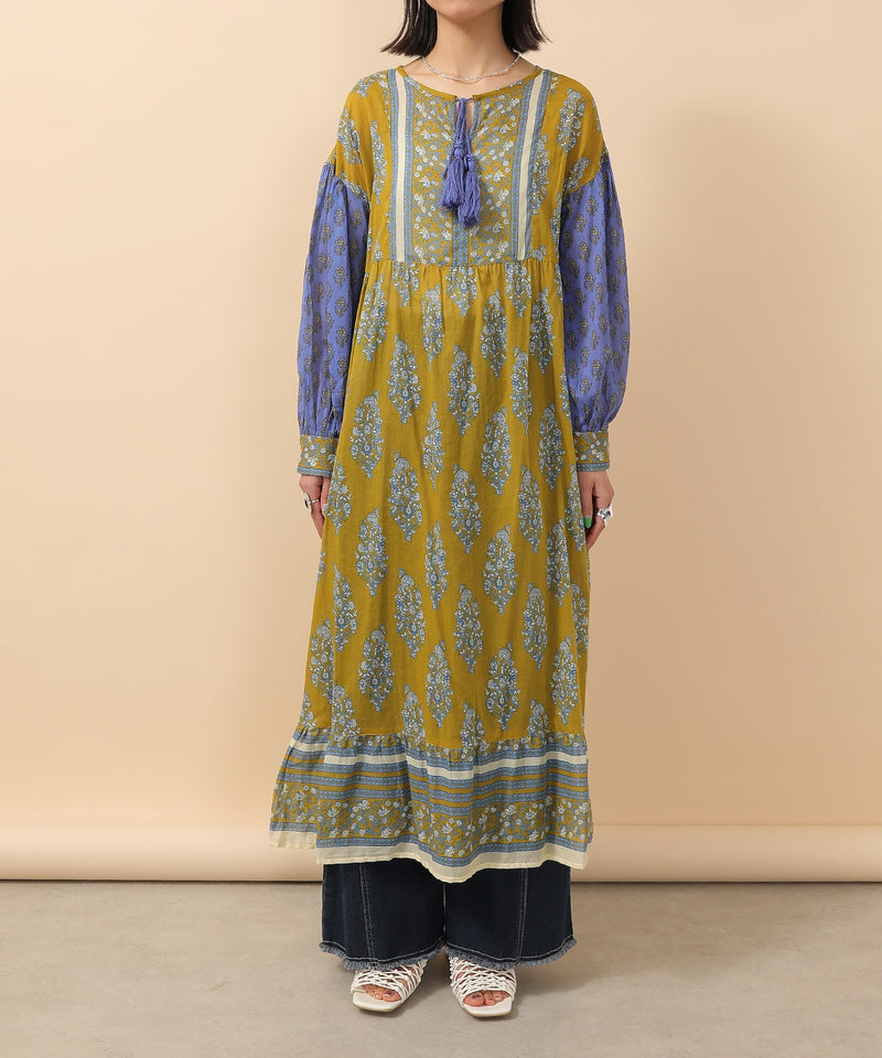 プリント切替 コットンフレアワンピース