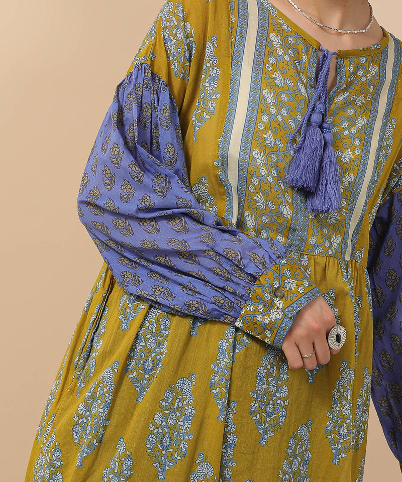 プリント切替 コットンフレアワンピース