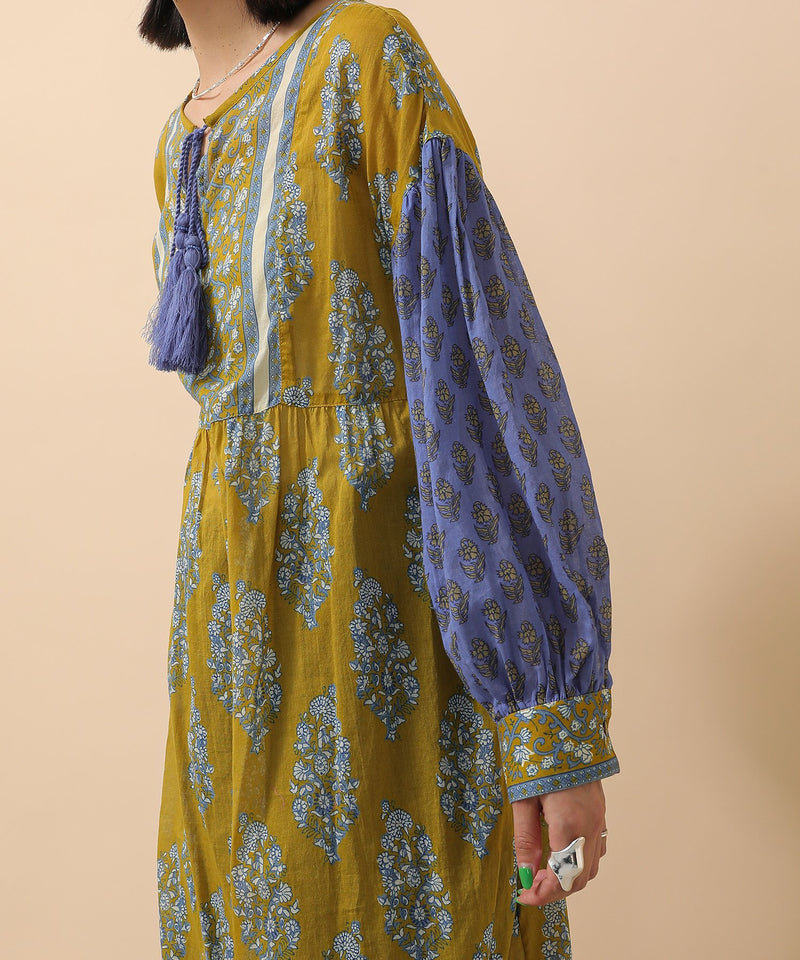 プリント切替 コットンフレアワンピース