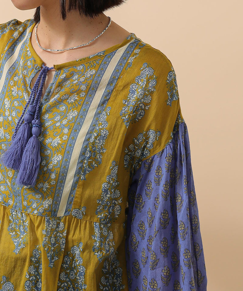 プリント切替 コットンフレアワンピース