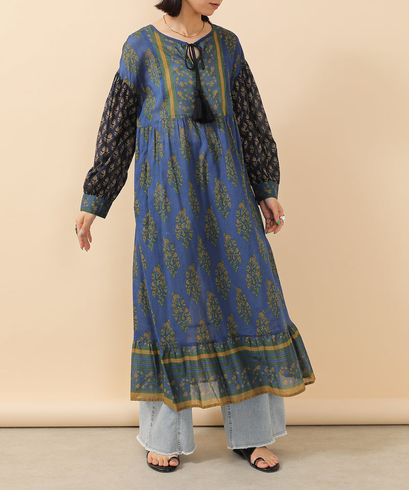 プリント切替 コットンフレアワンピース