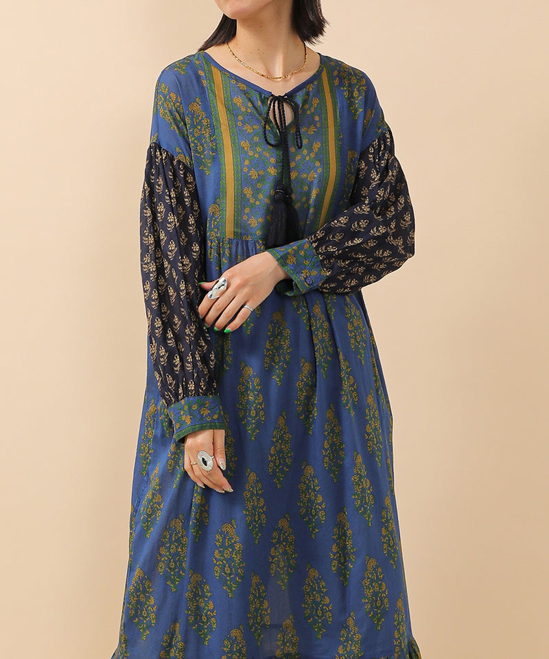 プリント切替 コットンフレアワンピース