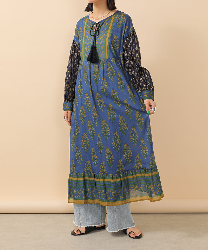 プリント切替 コットンフレアワンピース