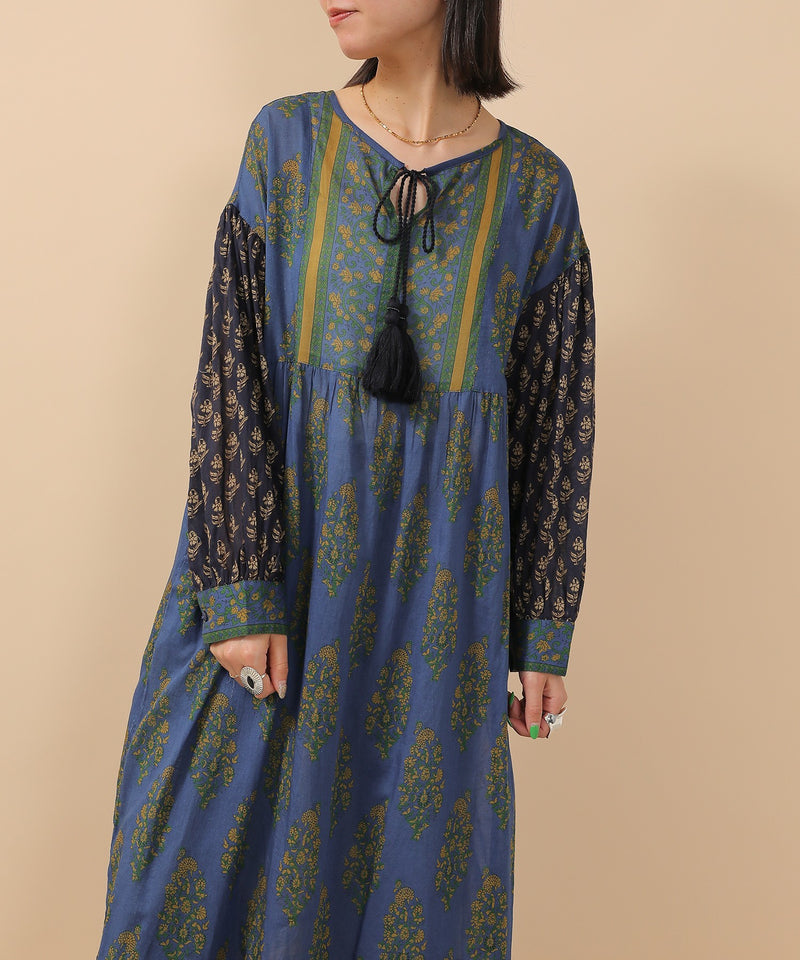 プリント切替 コットンフレアワンピース