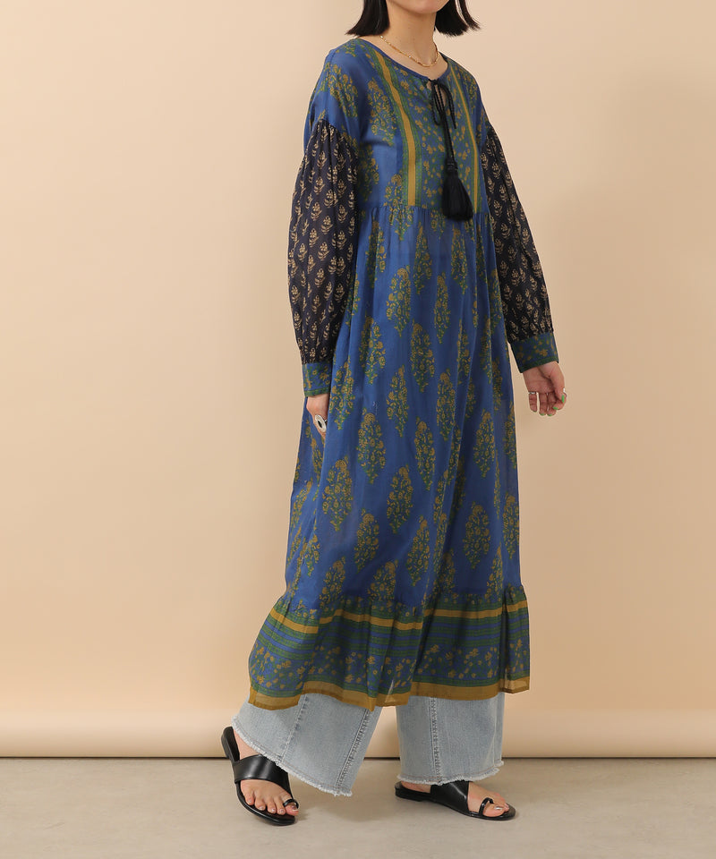 プリント切替 コットンフレアワンピース