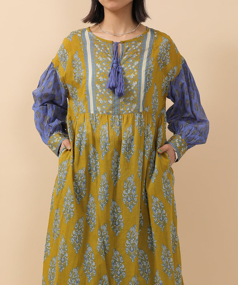 プリント切替 コットンフレアワンピース