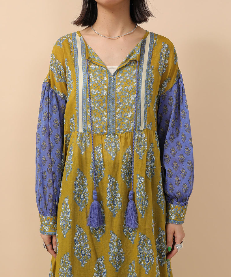 プリント切替 コットンフレアワンピース