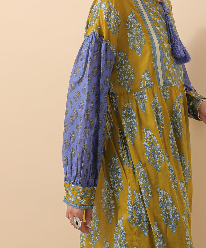 プリント切替 コットンフレアワンピース