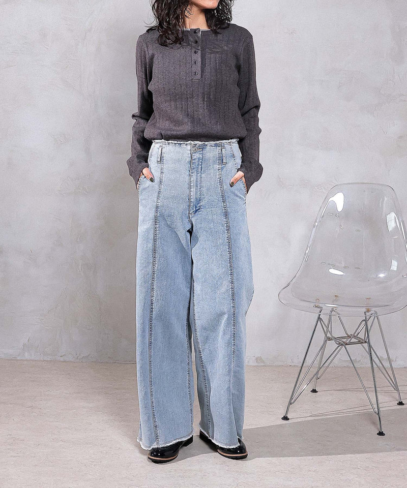 【重ねたような首元でこなれ感を演出♪】ヘンリーネックレイヤートップス