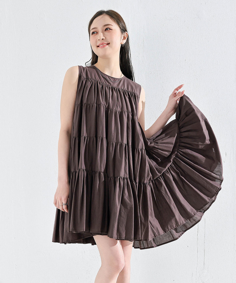 【春夏に使える万能アイテム！】 ティアード ノースリーブ ボリューム チュニック ワンピース ミニ丈 春服 夏服
