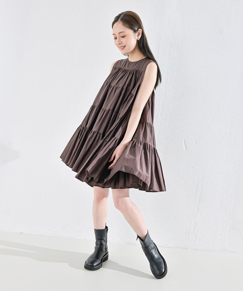 【春夏に使える万能アイテム！】 ティアード ノースリーブ ボリューム チュニック ワンピース ミニ丈 春服 夏服