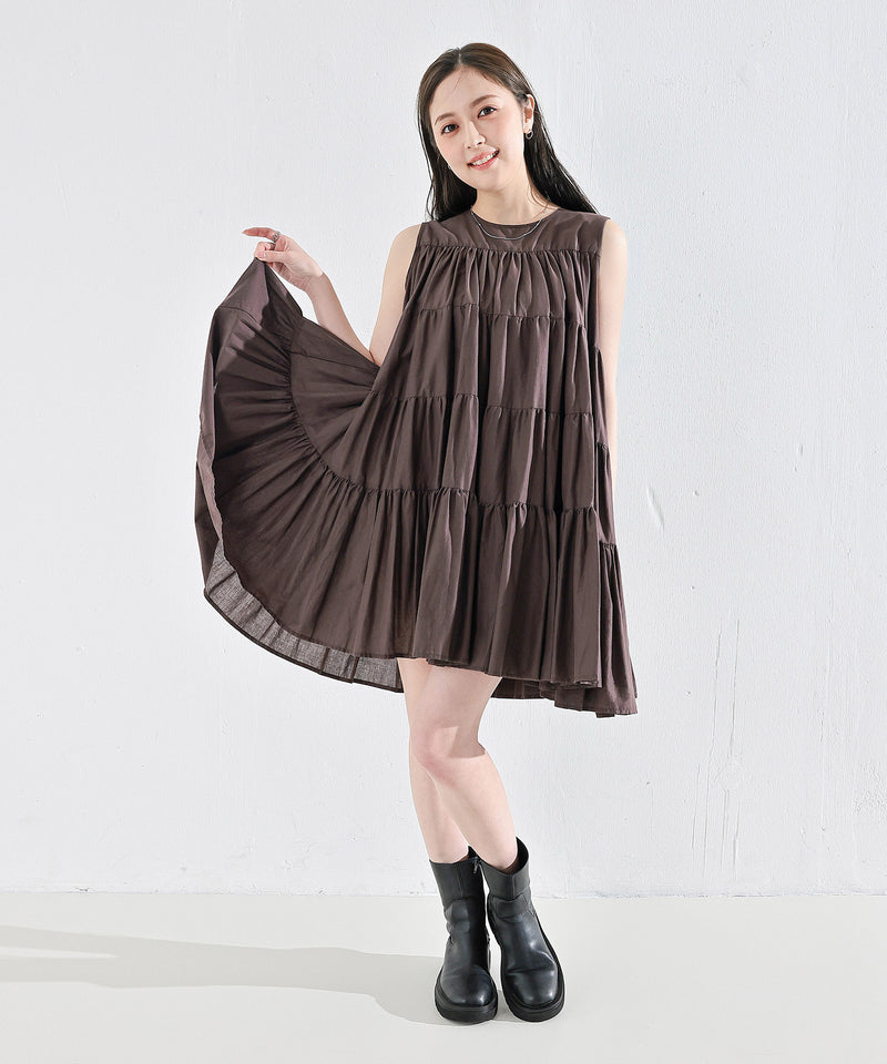【春夏に使える万能アイテム！】 ティアード ノースリーブ ボリューム チュニック ワンピース ミニ丈 春服 夏服