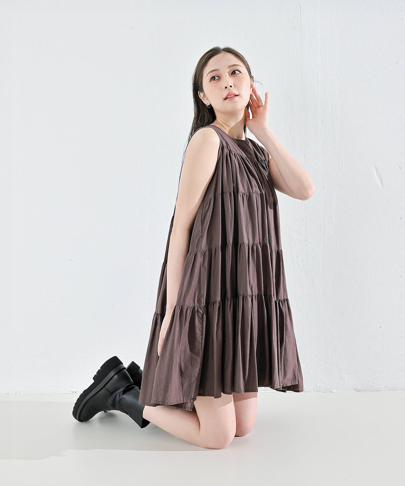 【春夏に使える万能アイテム！】 ティアード ノースリーブ ボリューム チュニック ワンピース ミニ丈 春服 夏服